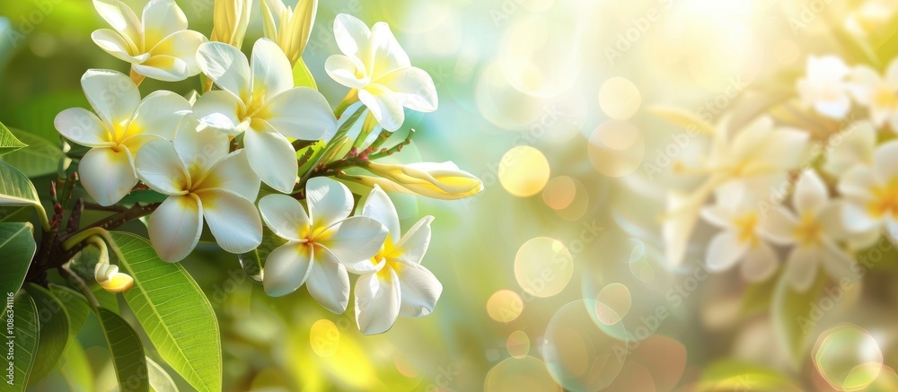 Plumeria Flowers with Green Leaves Background Plumeria Flowers with Green Leaves Background