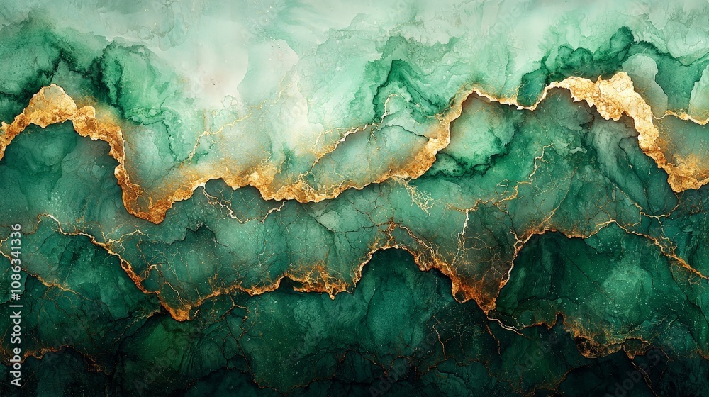 An abstract design featuring green and gold marbled textures. An abstract design featuring green and gold marbled textures.
