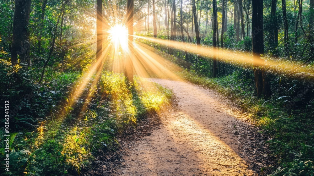 Fototapeta premium Sunlight Filters Through Trees in Lush Green Forest, Creating Beautiful Rays of Light on a Serene Pathway Surrounded by Nature's Splendor