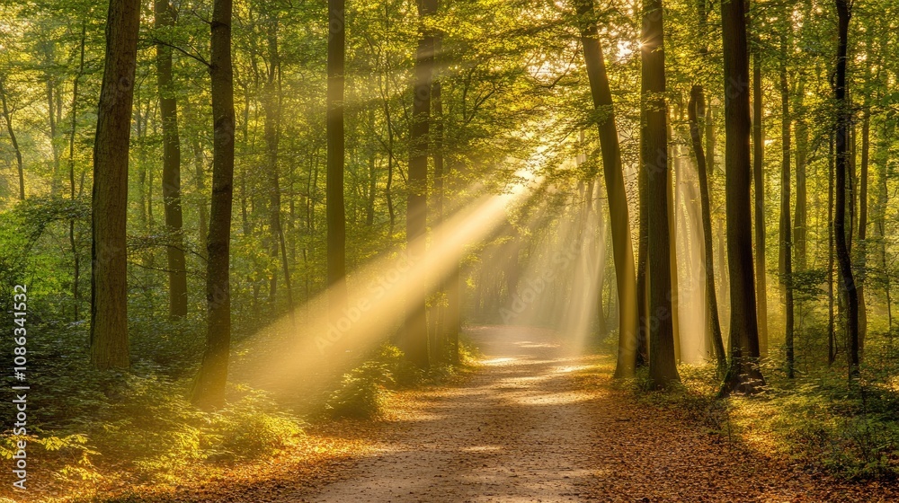 Fototapeta premium Serene Sunlight Streaming Through a Lush Forest with Golden Rays Illuminating the Leafy Pathway, Creating a Tranquil Atmosphere of Nature's Beauty