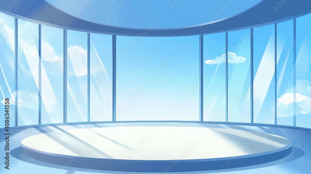 Fototapeta premium 3D circular window stage room with blue sky and white cloud view elegant modern background. travel vacation minimalism refreshing fashion cosmetic beauty luxury wallpaper with copy space