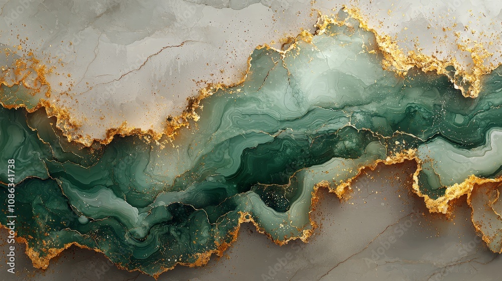 An abstract design featuring green and gold marbling with fluid patterns. An abstract design featuring green and gold marbling with fluid patterns.