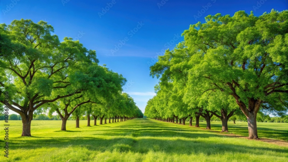 Pecan trees in a rural landscape with green grass and clear blue sky, pecan trees, country side, rural, landscape, nature, green Pecan trees in a rural landscape with green grass and clear blue sky, pecan trees, country side, rural, landscape, nature, green