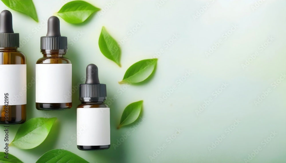 A serene arrangement of essential oil bottles surrounded by green leaves, conveying natural beauty and wellness. A serene arrangement of essential oil bottles surrounded by green leaves, conveying natural beauty and wellness.