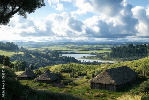 A panoramic view of a Māori pa (fortified village) reconstructed on a hilltop, overlooking a vast valley: A historical and cultural landmark photo