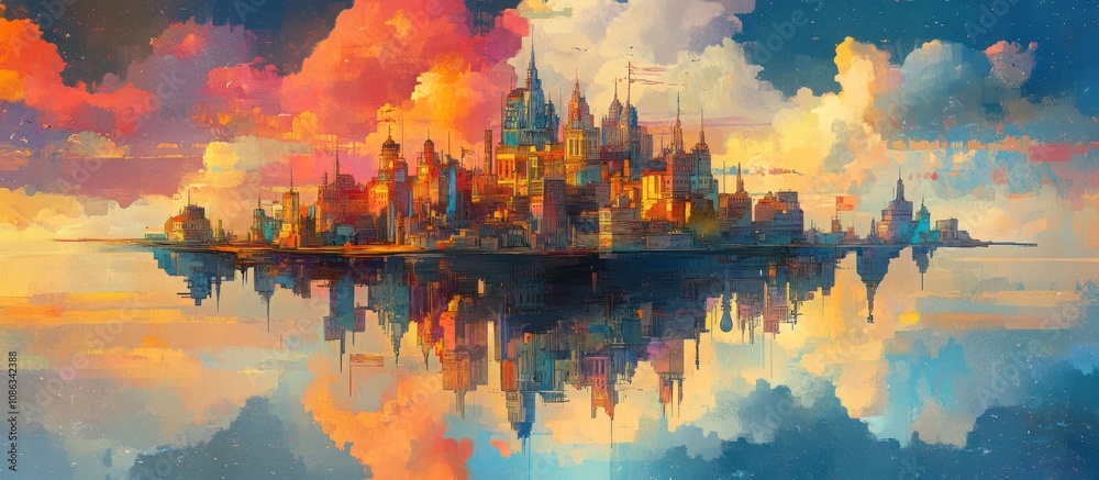 Fototapeta premium A colorful fantasy city reflects in the water with a beautiful sunset sky.