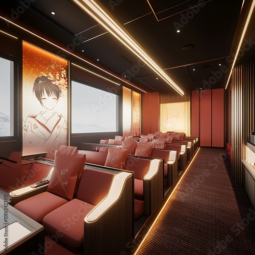 Modern Interior Design with Japanese Aesthetics Red and Gold Color Scheme, Comfortable Seating, and Ambient Lighting. photo