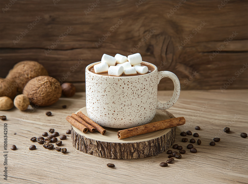 Mug of cocoa with marshmallows, cinnamon, and coffee beans