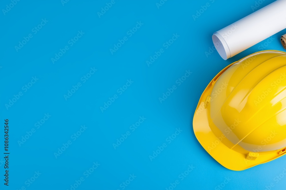 A professional photo of a real estate agent with a blueprint and helmet at a construction site visit, with text space, against a plain blue background, highlighting investment opportunities