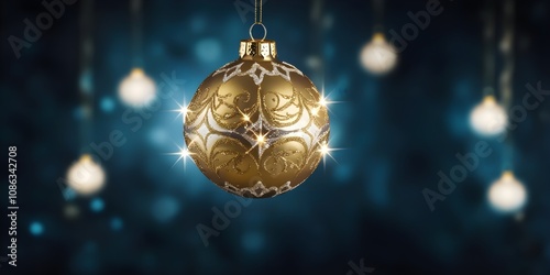 Wallpaper Mural Golden Glitter Bauble on Dark Blue Bokeh Background with Festive Elegance Torontodigital.ca