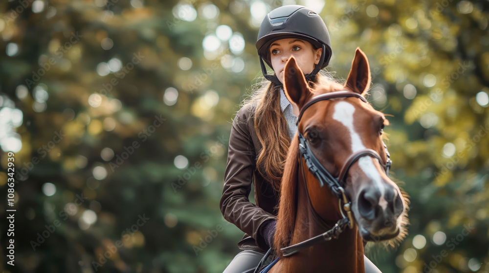 Woman in a riding helmet posing confidently on her horse among trees in a tranquil natural setting with copy space Woman in a riding helmet posing confidently on her horse among trees in a tranquil natural setting with copy space