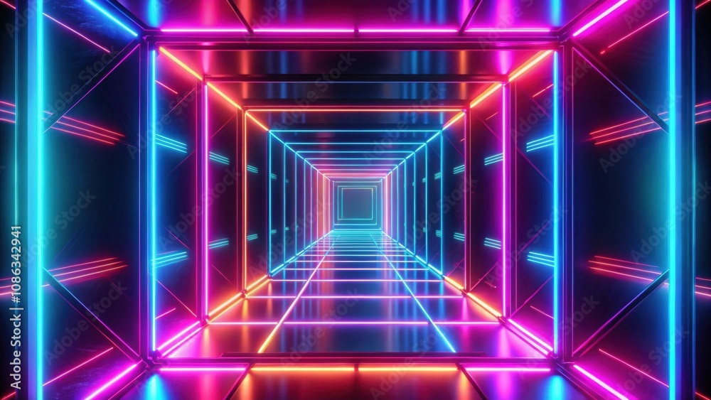 Fototapeta premium Looped animation of neon tunnel with rotating square frames, neon, tunnel, abstract, cycled, background, looped