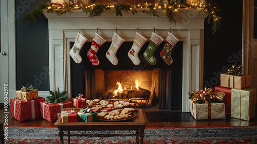 A glowing fireplace setting with stockings hung, gift boxes placed nearby, and a tray of colorful Christmas cookies on the mantel 