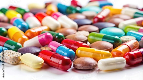 Close-up of assorted barbiturate pills on a white background , Barbiturates, Downers, Drugs, Sedatives