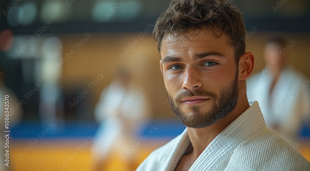 Fototapeta premium Confident young man in a white karate gi, focused expression, blurred background of other martial artists.