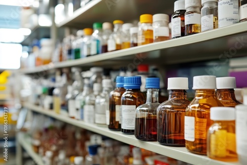Laboratory Bottles on Shelves in a Scientific Setting