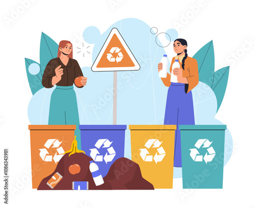 People with garbage sorting. Young girls near trashcan with organic trash. Caring for nature and environment. Zero waste and sustainable lifestyle. Flat vector illustration