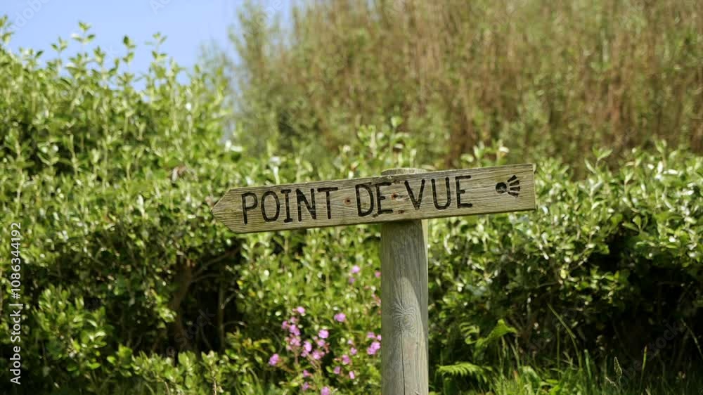 Close-up of a “Point de Vue” wooden sign surrounded by green plants and wildflowers in rural France, pointing to a scenic viewpoint and adding charm to the landscape.