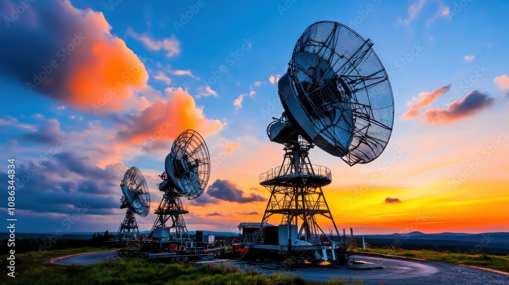 Communication Antennas at Sunset Overlooking Landscape