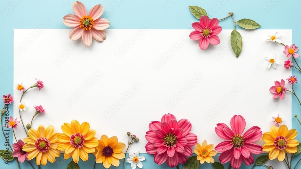 Blue and white paper banner with flower stickers, fun and playful decorations, paper banner Blue and white paper banner with flower stickers, fun and playful decorations, paper banner
