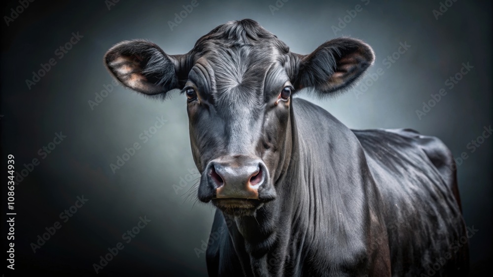 Black cow with shiny coat looking forward against dark grey background, black, cow, shiny, coat, looking, forward Black cow with shiny coat looking forward against dark grey background, black, cow, shiny, coat, looking, forward