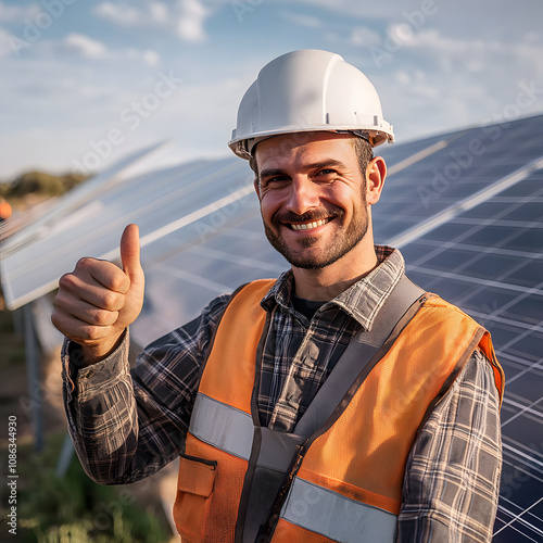 A smiling worker in a hard hat and safety vest gives a thumbs up near solar panels, promoting renewable energy and sustainability.
