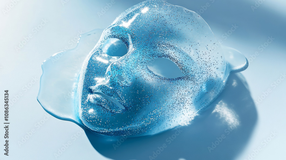 Naklejka premium 3D sample for water gel facial mask with glitter fashion shiny futuristic background. poster for skin care applying procedure cosmetology cosmetic beauty spa salon relaxing blue silver post