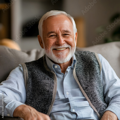 A cheerful older man with a beard smiles warmly while sitting comfortably on a couch, exuding a friendly and inviting demeanor.