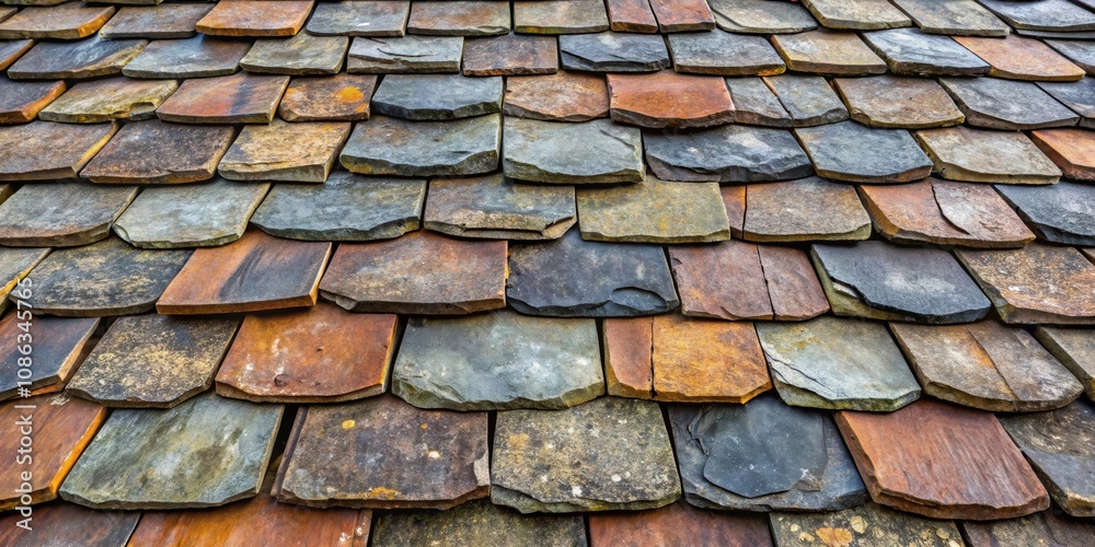 Close up of weathered slate roof tiles creating a textured background, slate, roof, tiles, close up Close up of weathered slate roof tiles creating a textured background, slate, roof, tiles, close up