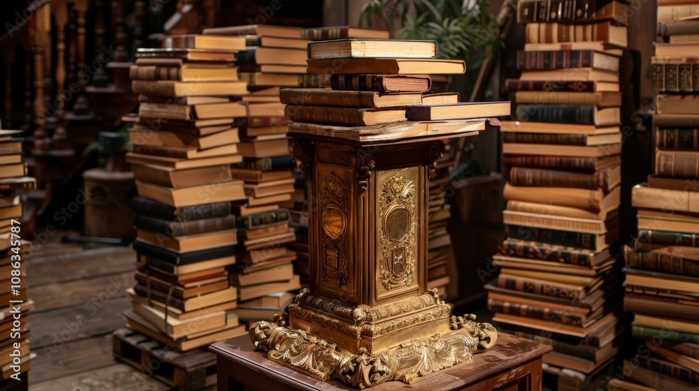 Ornate podium at a book launch, surrounded by stacks of the newly released book Ornate podium at a book launch, surrounded by stacks of the newly released book