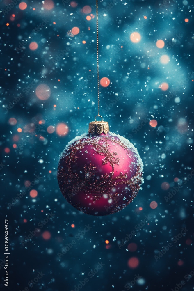 A vibrant red ornament dangles delicately from a string, contrasting beautifully against a soft blanket of pristine snow, evoking a festive winter ambiance. A vibrant red ornament dangles delicately from a string, contrasting beautifully against a soft blanket of pristine snow, evoking a festive winter ambiance.