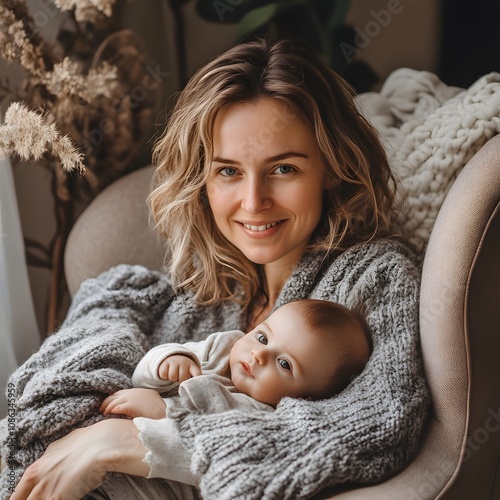 A joyful mother cuddles her baby in a cozy, warmly lit setting, showcasing love and tenderness.