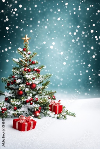 A festive Christmas tree adorned with colorful ornaments stands amidst a blanket of snow, surrounded by twinkling stars and gently falling snowflakes.