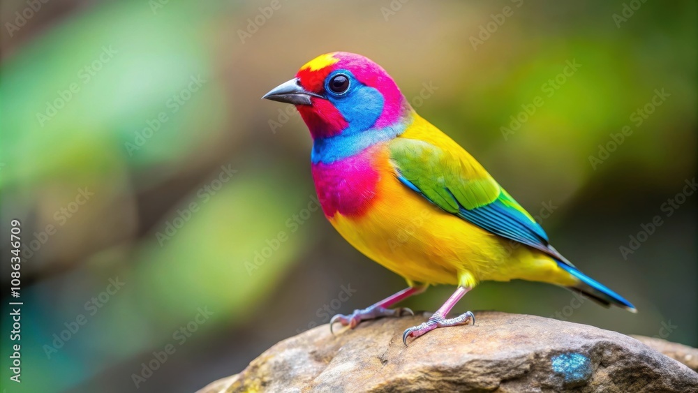 Closeup of a vibrant yellow bird with pink and blue plumage perched on a rock , Bird, Yellow, Pink, Blue, Plumage, Vibrant Closeup of a vibrant yellow bird with pink and blue plumage perched on a rock , Bird, Yellow, Pink, Blue, Plumage, Vibrant