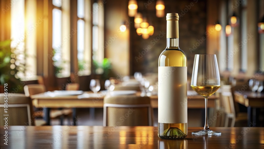 Bottle of white wine mockup on a elegant restaurant table, wine, bottle, mockup, restaurant, table, elegant, drink
