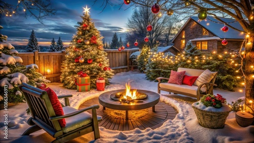 Cozy Outdoor Christmas Scene with Fire Pit, Wreath, and Christmas Tree - Perfect Holiday Atmosphere for Family Gatherings and Celebrations