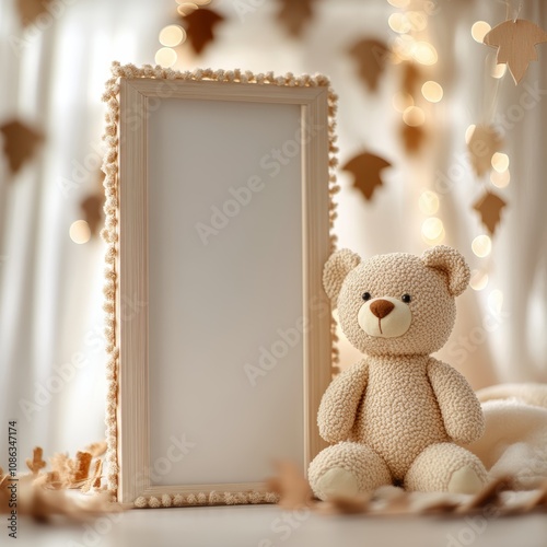 A charming teddy bear sits beside an ornate picture frame, evoking warmth and nostalgia in a cozy, inviting setting.