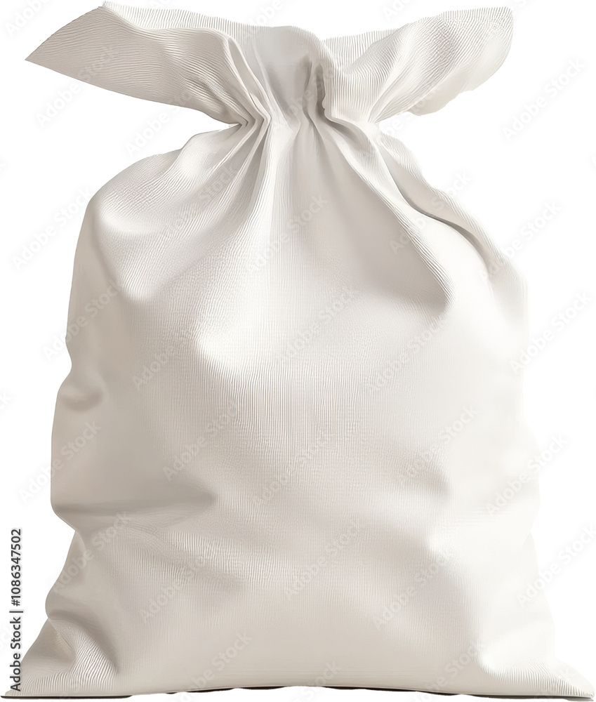 White fabric bag with tied top on transparent background, packaging concept White fabric bag with tied top on transparent background, packaging concept