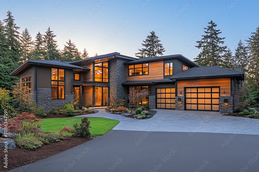 A modern, two-story home with a large driveway and landscaping. The home is made of stone and wood and has large windows. The home is lit up at night. A modern, two-story home with a large driveway and landscaping. The home is made of stone and wood and has large windows. The home is lit up at night.