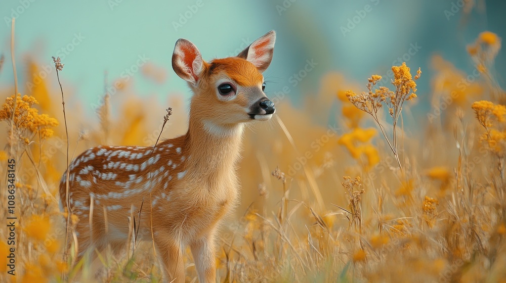A fawn standing among vibrant yellow flowers in a serene landscape. A fawn standing among vibrant yellow flowers in a serene landscape.