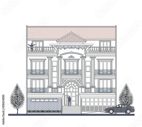 Facade of 4 storeys symmetrical modern classic house with 3 doors, 7 windows, 4 columns, frame, railing, crowns, canopy, balcony, garage, triangular roof and curve wall element.