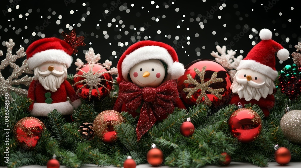 A festive table adorned with vibrant Christmas decorations, featuring cheerful Santa Claus figures and playful snowmen, radiating holiday joy and warmth. A festive table adorned with vibrant Christmas decorations, featuring cheerful Santa Claus figures and playful snowmen, radiating holiday joy and warmth.