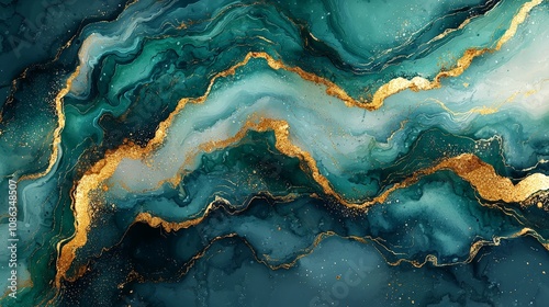 An abstract design featuring swirling teal and gold patterns, evoking elegance and fluidity.