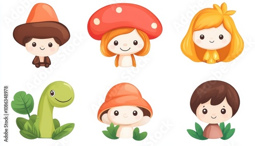 Charming Fairy Tale Clipart Collection Featuring Cute Cartoon Characters, Mushrooms, and a Playful Dinosaur Isolated on White Background for Creative Projects photo