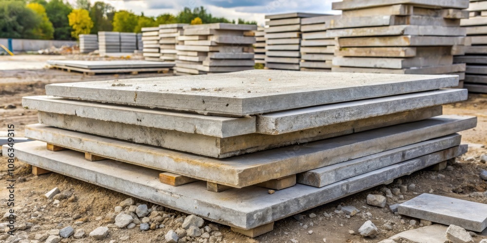 Old concrete slabs piled up in a construction site , concrete, slabs, construction, paving stones, replacement, pile, discarded