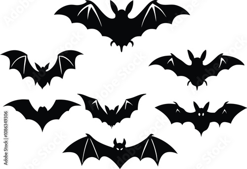 Various bat silhouettes for Halloween decorations in black and white design