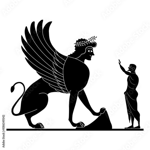 King Oedipus and the Sphinx. Ancient Greek mythology. Philosophical concept of enigma. Black and white silhouette.