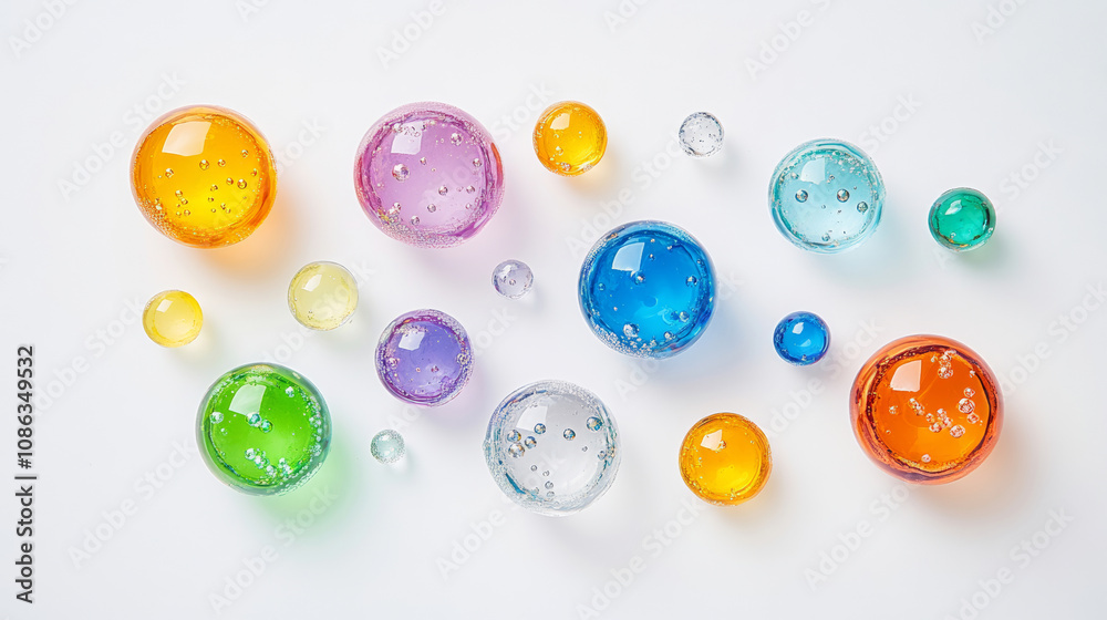 Fototapeta premium 3D abstract bubbles spheres macro delicate cosmetic beauty liquid fashion shimmering colorful rainbow background. for spa salon skincare product glossy wallpaper