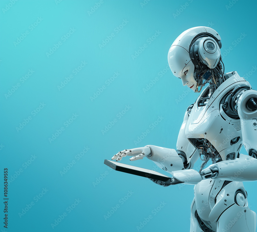 Robot isolated on a blue background using a digital tablet Robot isolated on a blue background using a digital tablet