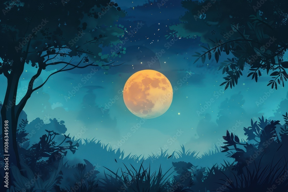 Full Moon Shining Over a Silhouetted Forest at Night Full Moon Shining Over a Silhouetted Forest at Night